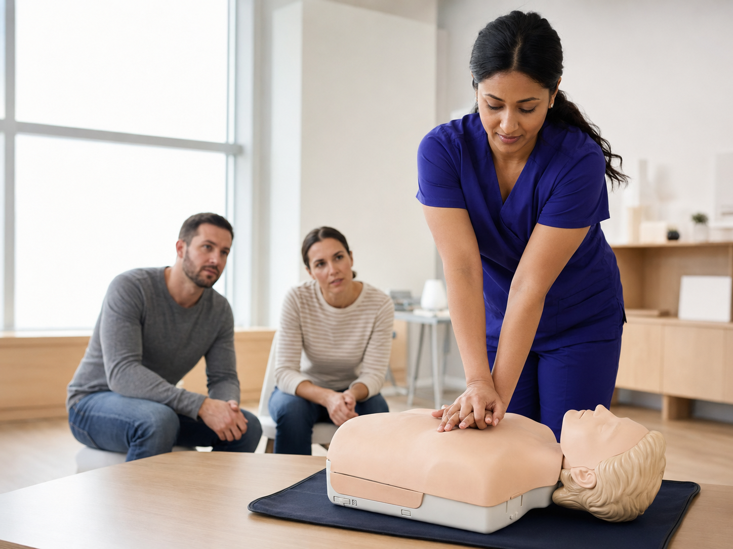 Instructor demonstrating chest compressions during a CPR class